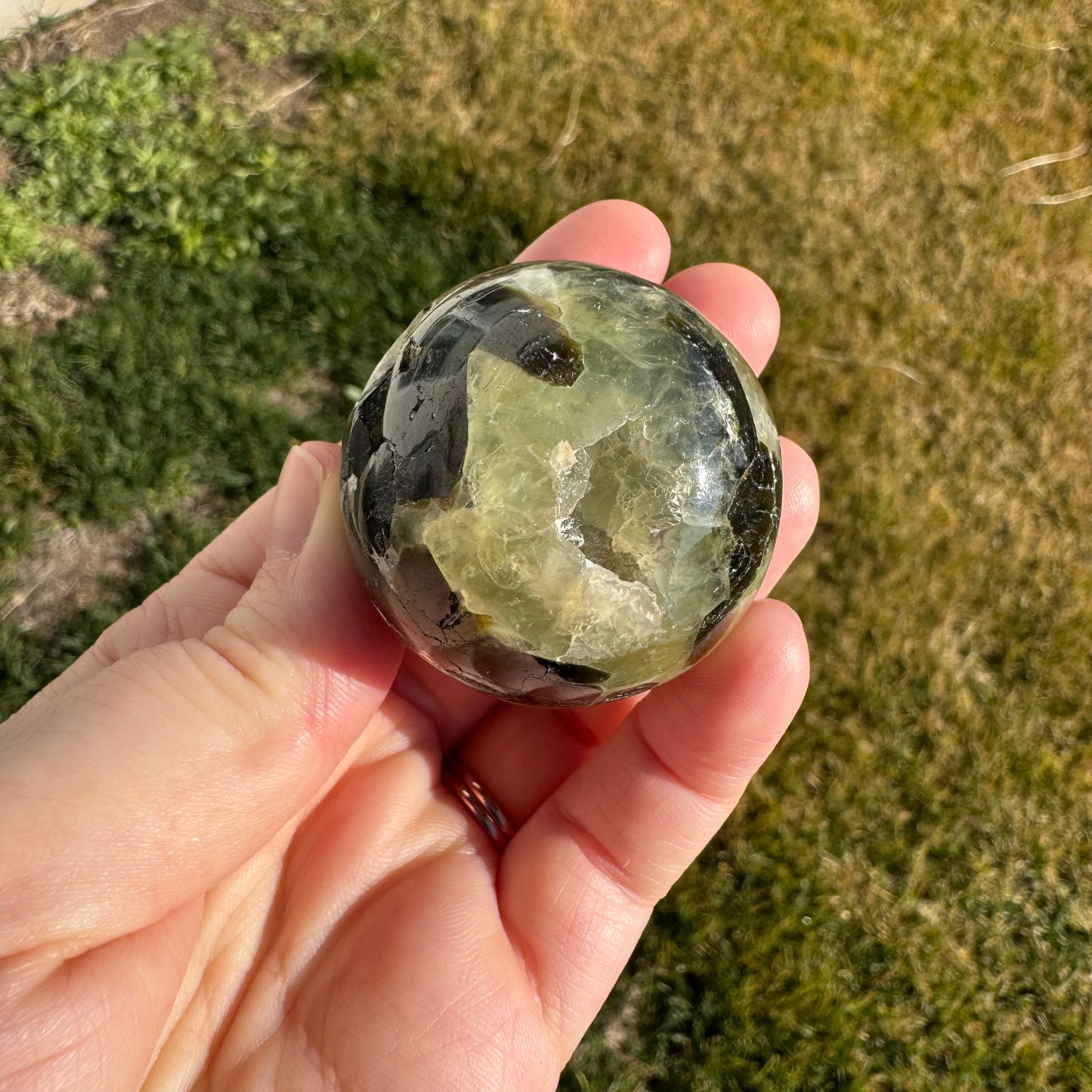Prehnite Polished Sphere w/ Druzy Caves (40mm)