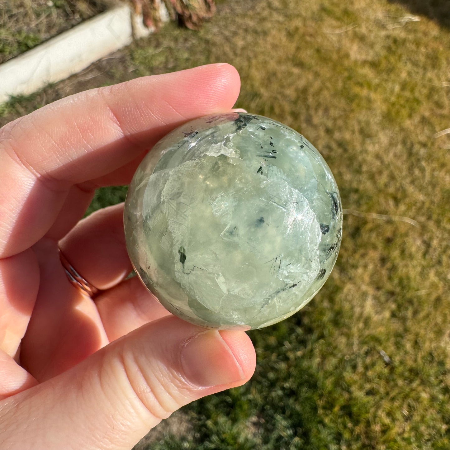 Prehnite Polished Sphere w/ Druzy Caves (40mm)