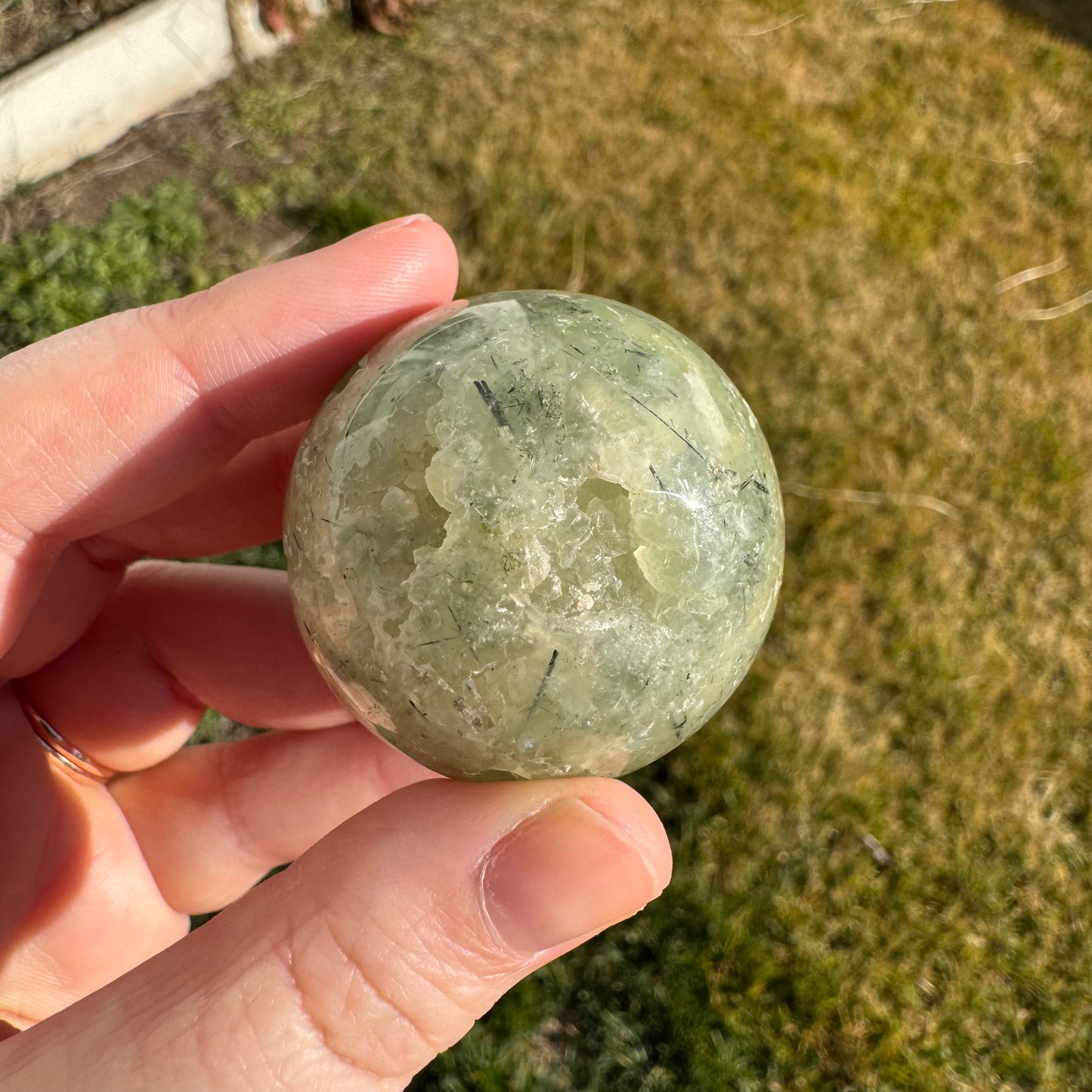 Prehnite Polished Sphere w/ Druzy Caves (40mm)