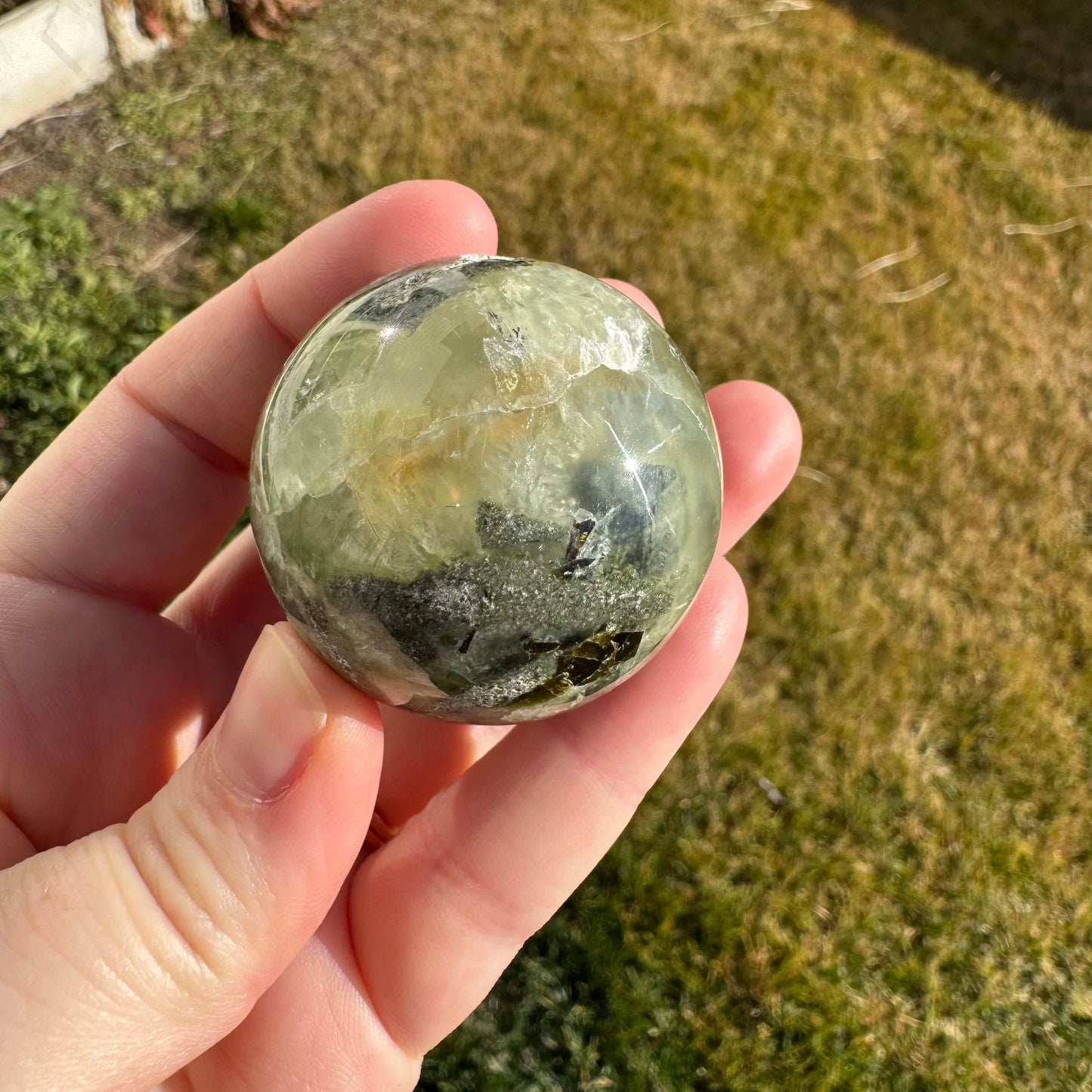 Prehnite Polished Sphere w/ Druzy Caves (40mm)