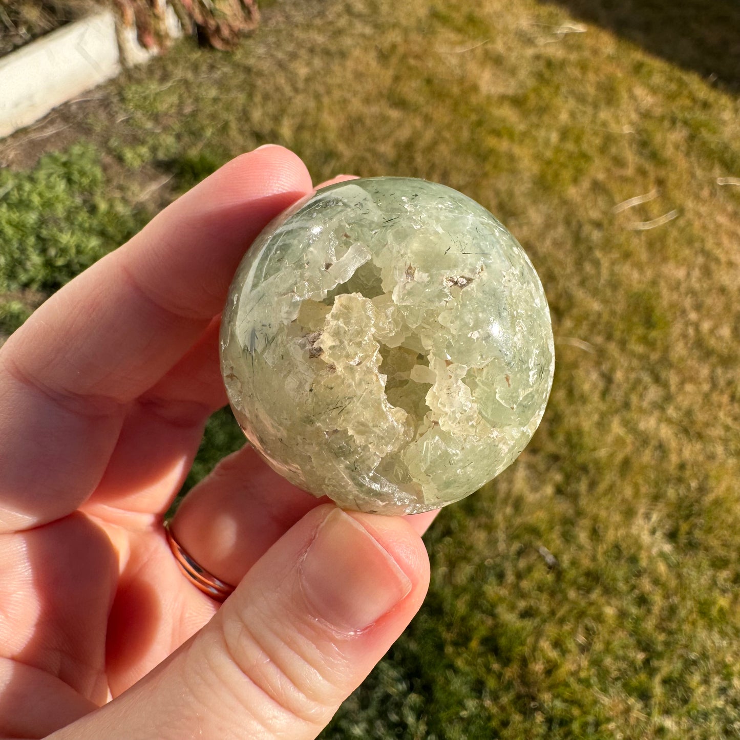 Prehnite Polished Sphere w/ Druzy Caves (40mm)