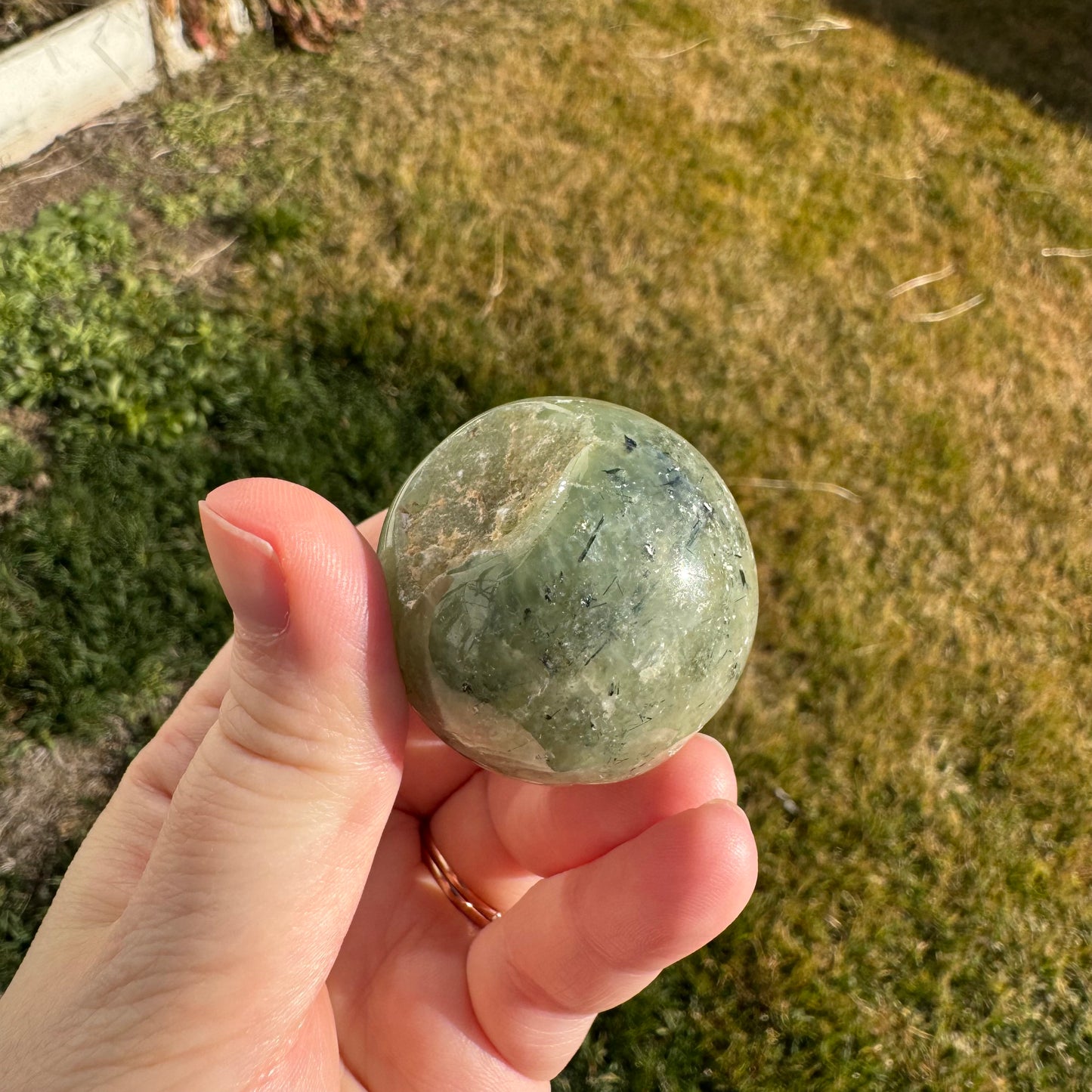 Prehnite Polished Sphere w/ Druzy Caves (40mm)